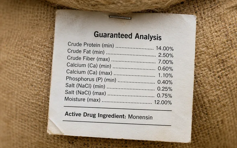 Close-up of a feed tag listing medicated ingredients