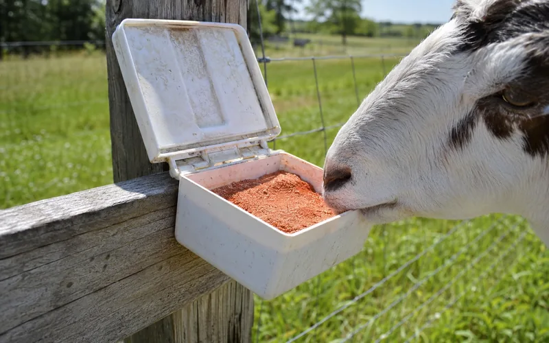 Loose goat mineral in a covered feeder