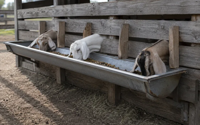 Goats eating from a raised trough with divided feeding spaces