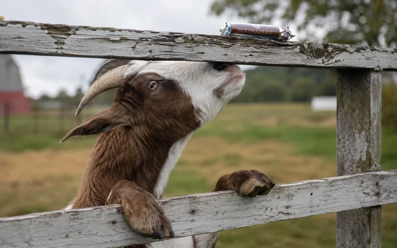 A curious brown and white goat sniffing at a wrapped chocolate bar left on a wooden fence rail
