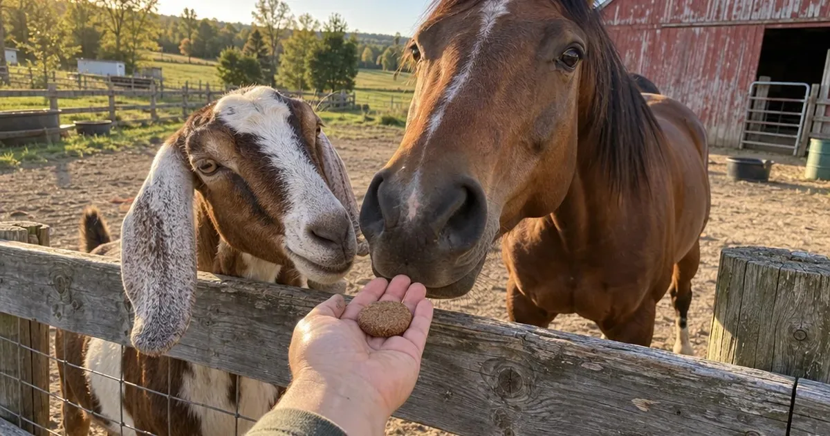 Goat and horse at a paddock fence reaching for a horse treat in an open hand