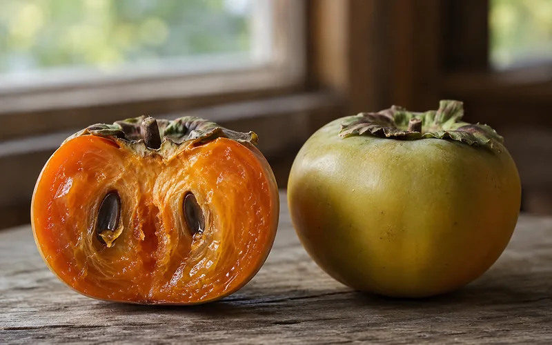 Close-up comparison of a soft, ripe orange persimmon halved beside a firm, green unripe one