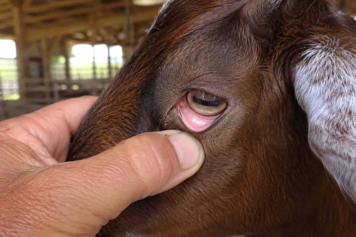 Checking a goat's lower eyelid color for signs of anemia
