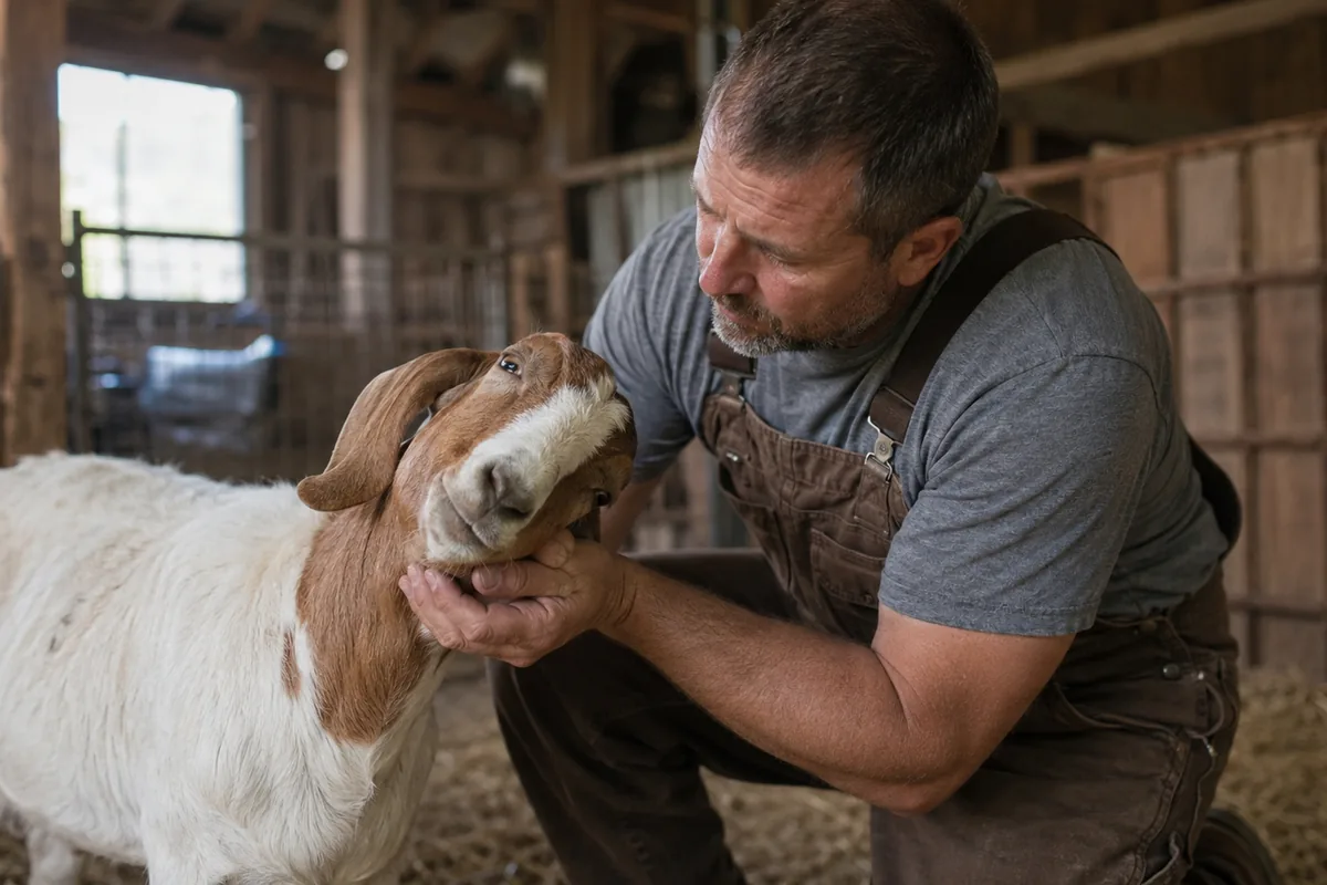 A farmer gently examining a goat showing a head tilt in a barn
