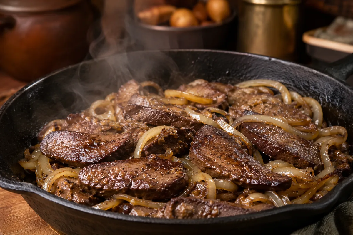 Goat liver and onions cooking in a cast iron skillet