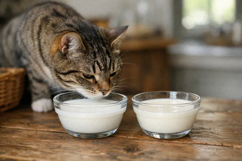 Two bowls of milk on a farmhouse table with a tabby cat sniffing the goat's milk bowl