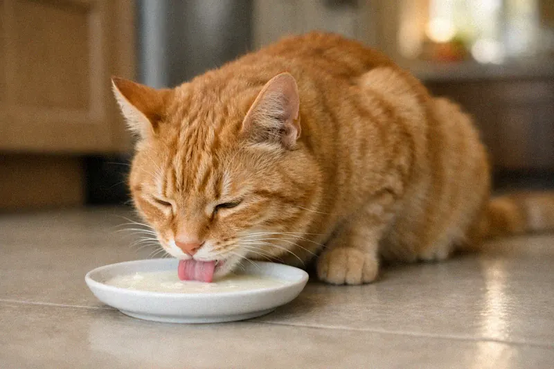 Orange tabby cat lapping goat's milk from a small white ceramic dish