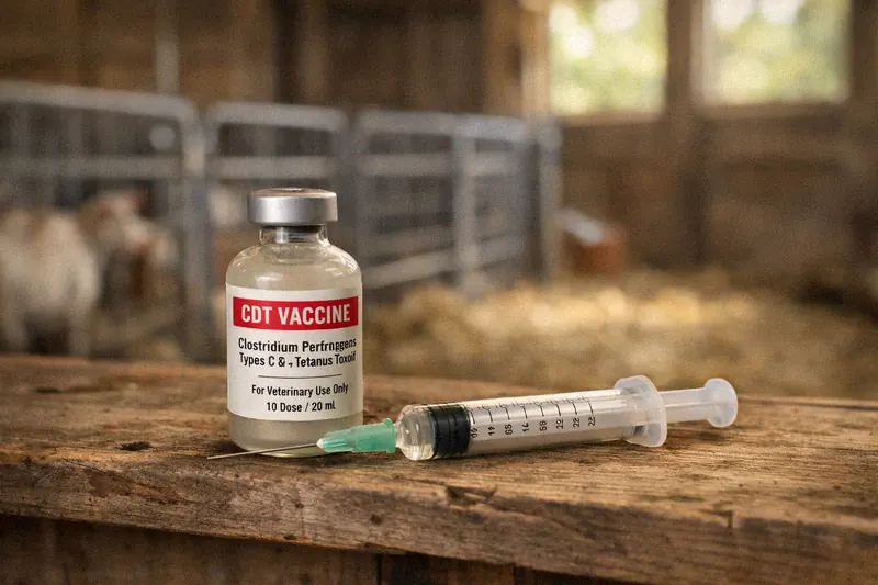 CDT vaccine bottle and syringe on a barn shelf ready for goat vaccination