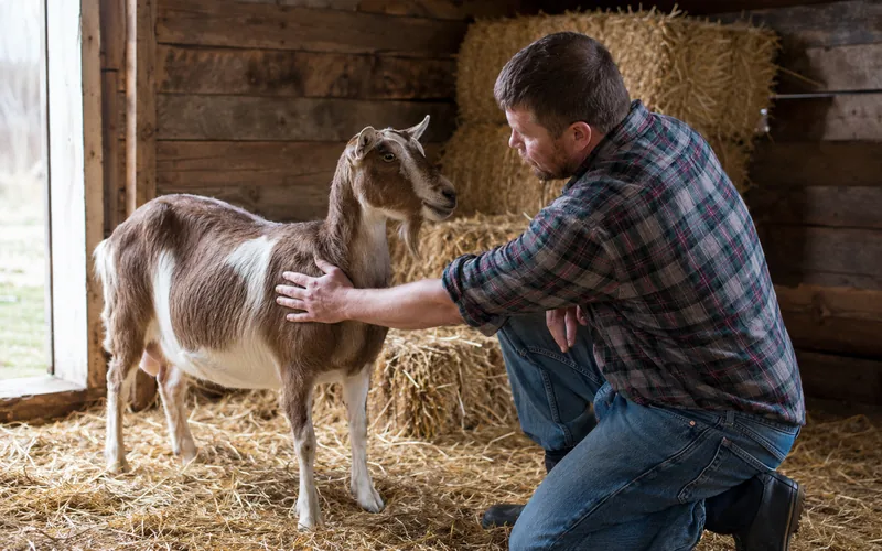 A goat keeper checking a goat's left side for signs of bloat in a barn