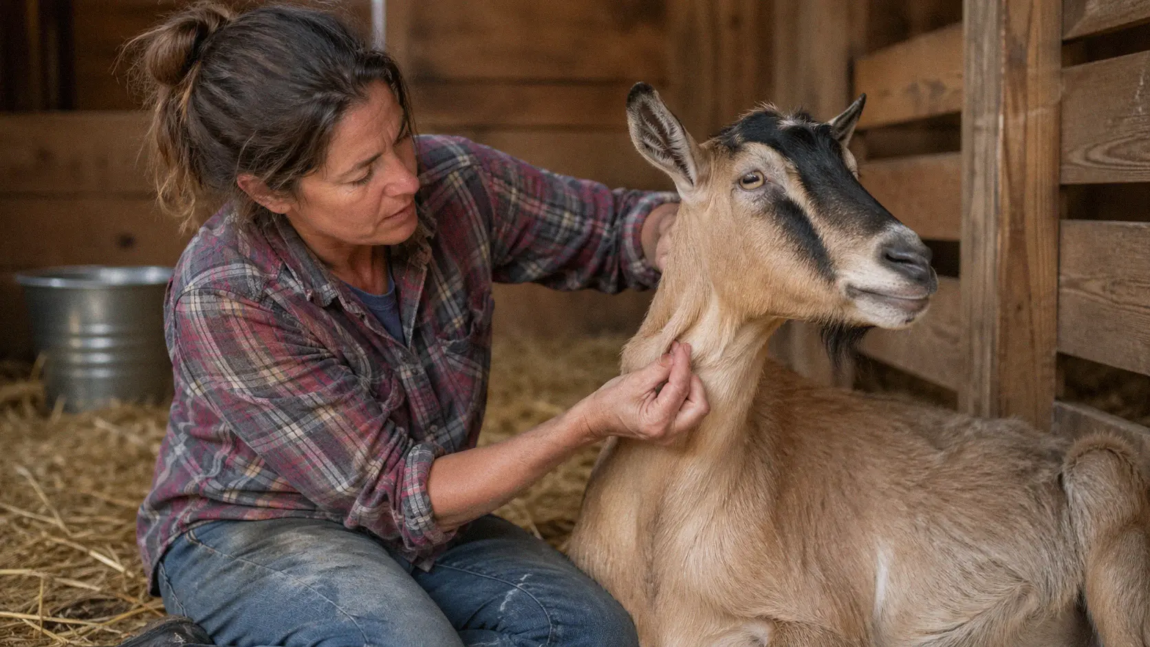 Goat owner checking on a goat and monitoring its hydration levels