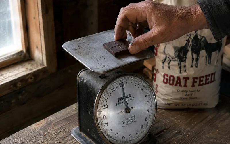 A hand holding a small square of dark chocolate next to a feed scale in a barn