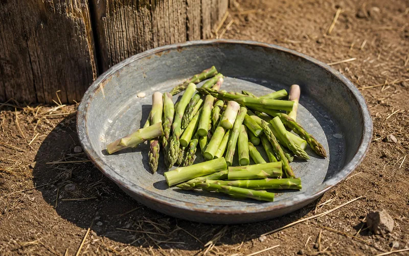 Chopped asparagus pieces in a metal feed dish next to a wooden goat pen