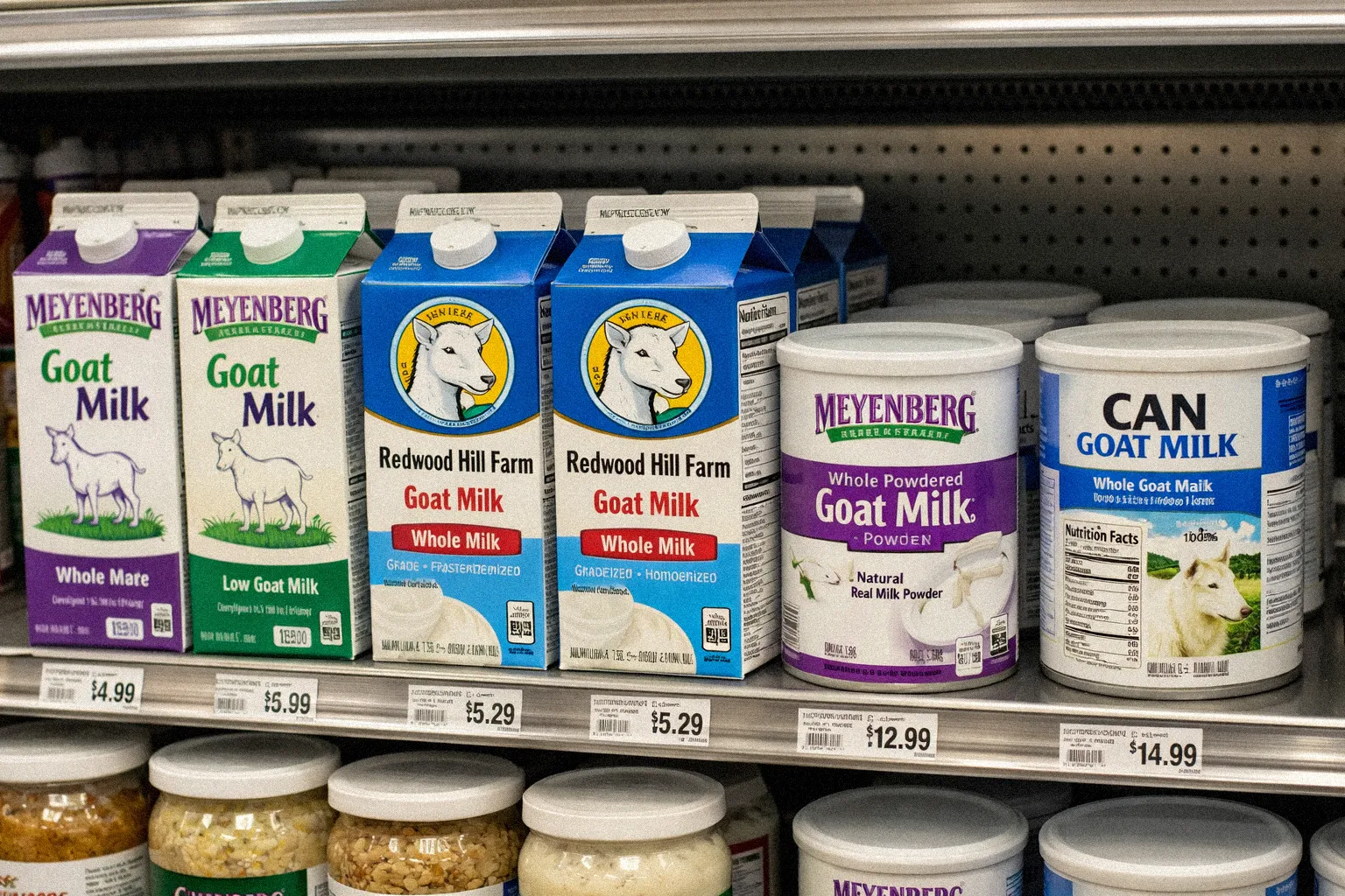 Commercial goat milk products on a grocery store shelf