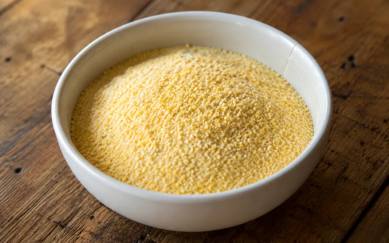 Ground cornmeal in a small ceramic bowl