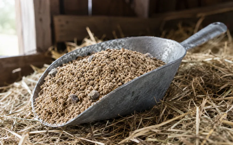 Cottonseed meal in a metal feed scoop resting on hay