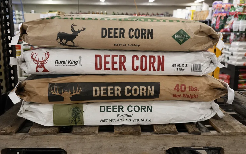 Bags of deer corn stacked on a wooden pallet inside a farm supply store