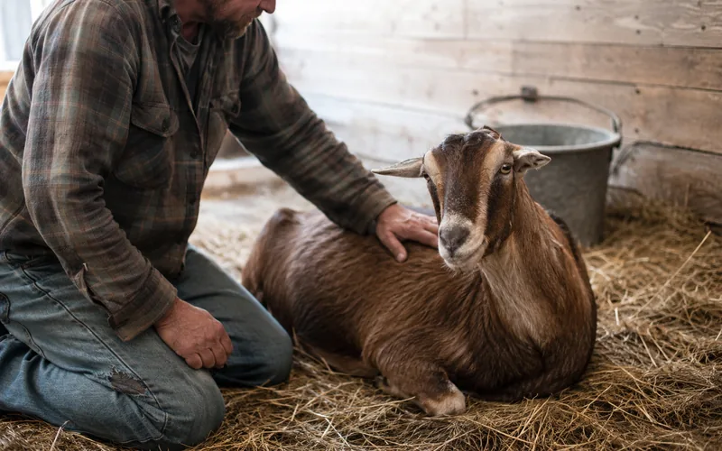 A farmer kneeling beside a resting goat in a straw-bedded pen checking its condition