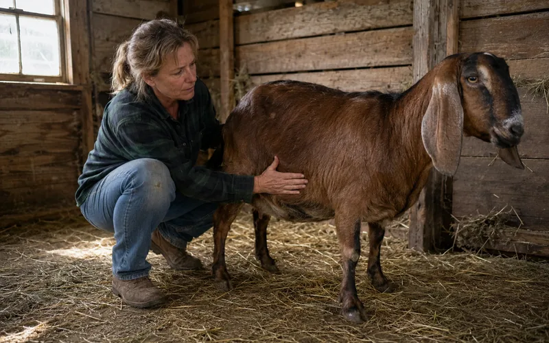 Farmer crouching beside a Nubian goat in a barn stall and pressing a hand gently against the goat's left flank to check for bloat