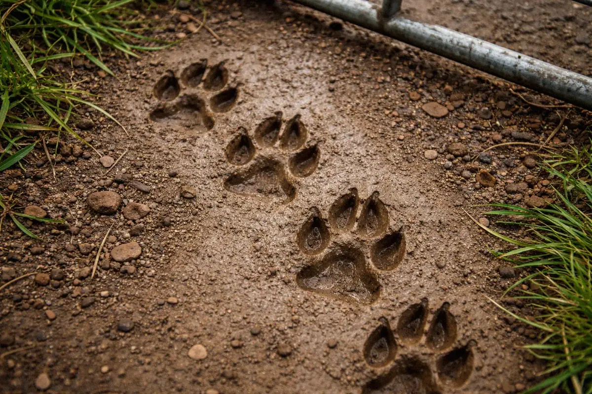 Fox paw prints visible in soft mud near a farm gate