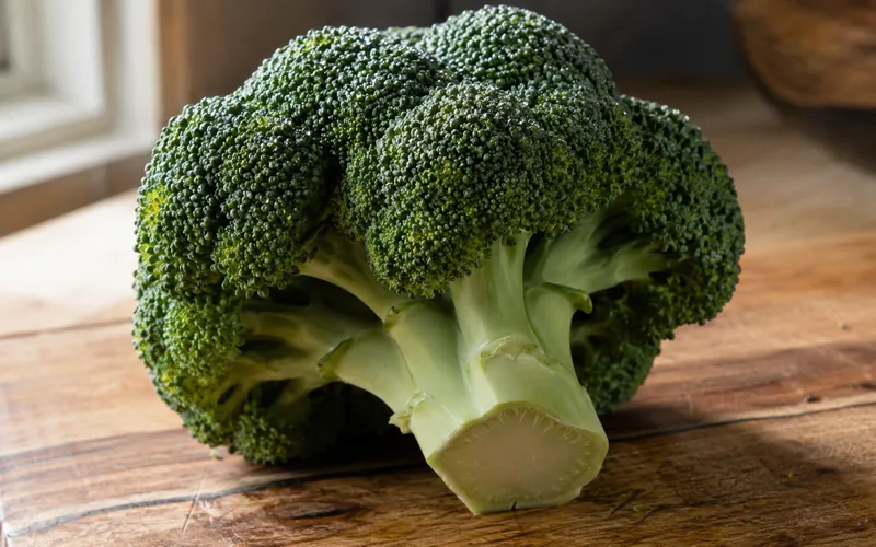 Close-up of a fresh broccoli head cut to show dense green florets and a pale thick stalk