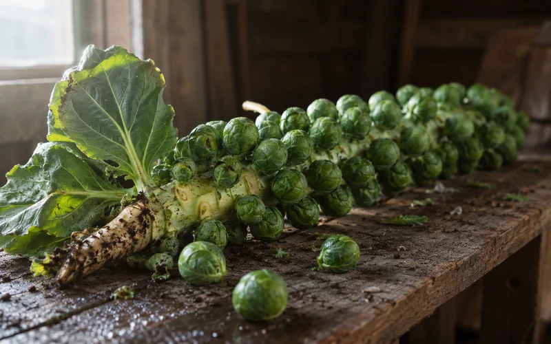 Close-up of fresh green Brussels sprouts on the stalk with dense outer leaves