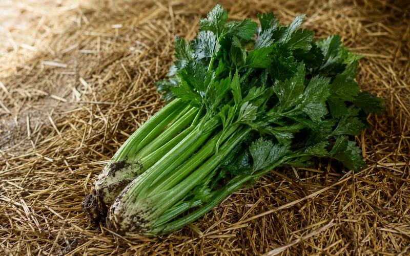 A bunch of fresh celery with dark green leafy tops resting on a bed of straw