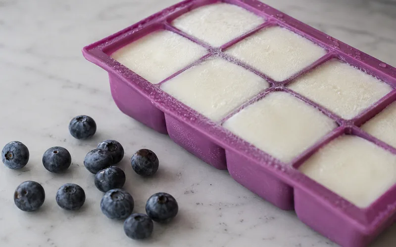 Frozen goat milk dog treats in a silicone mold next to fresh blueberries