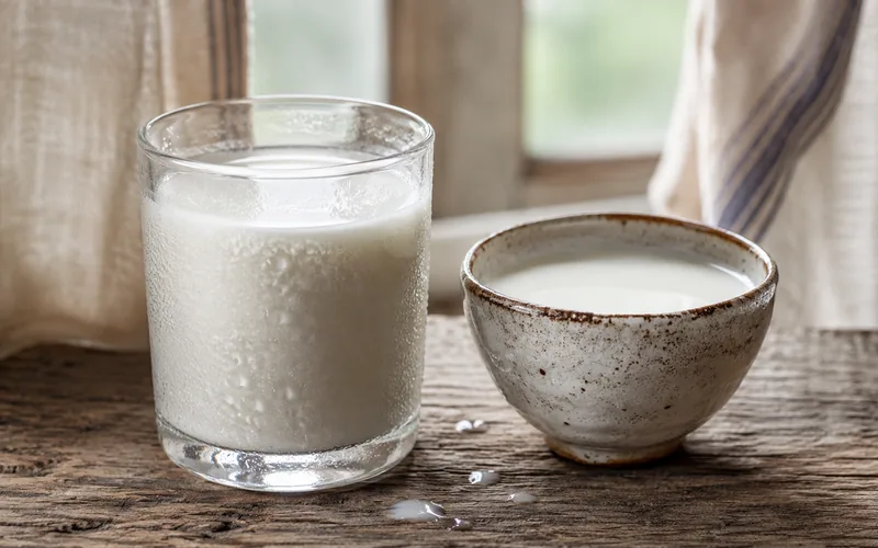A glass and small bowl of fresh white goat milk on a rustic wooden surface