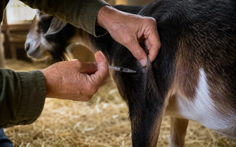 A farmer giving a goat a subcutaneous antibiotic injection in a calm barn stall