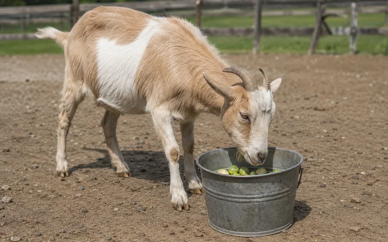 A single goat standing beside a feed bucket with a small pile of halved Brussels sprouts