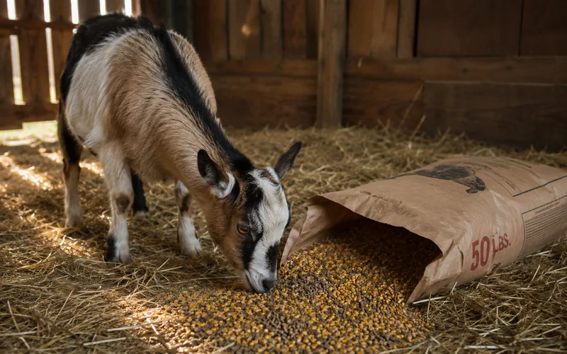 A curious goat standing beside an open bag of chicken feed in a barn