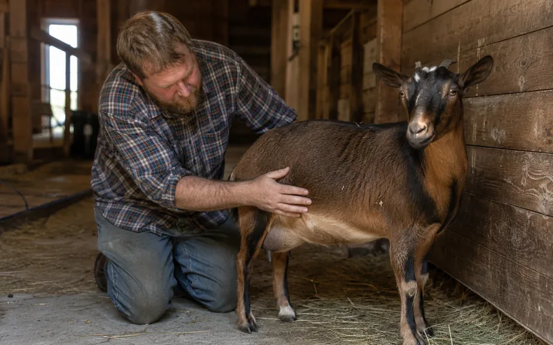 A goat keeper checking a goat's side for signs of bloat in a barn