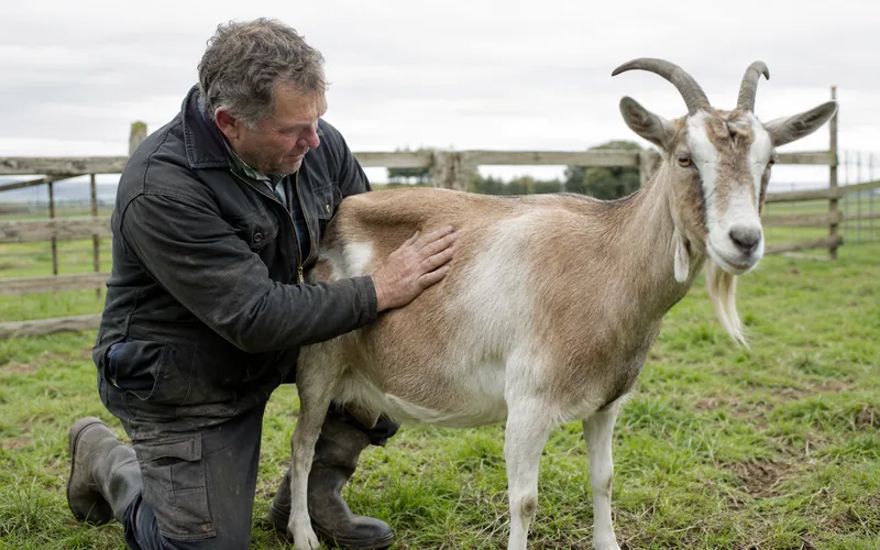 A farmer kneeling beside a goat in a grassy paddock and pressing a hand against the goat's left flank to check for bloat
