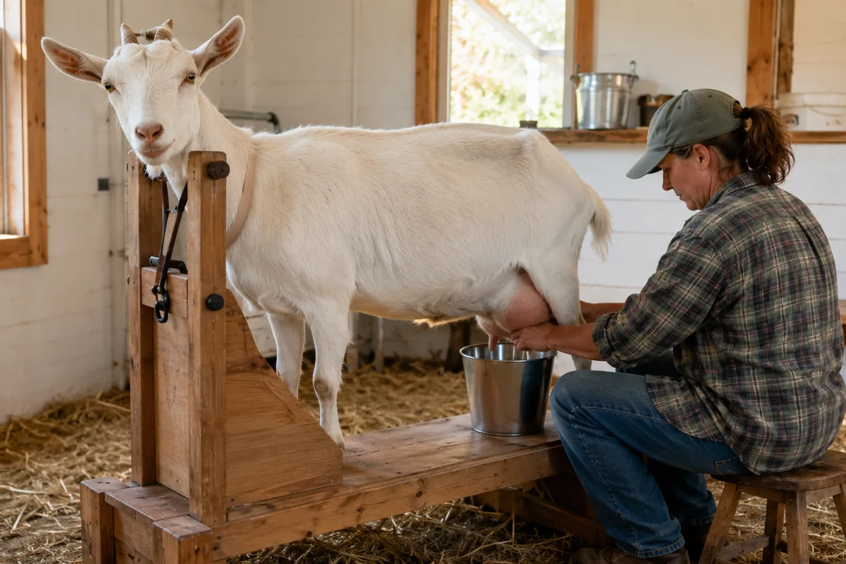 A Saanen dairy goat being milked on a milking stand