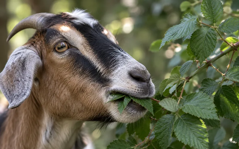 A goat browsing fresh green blackberry leaves directly off the cane in dappled outdoor light