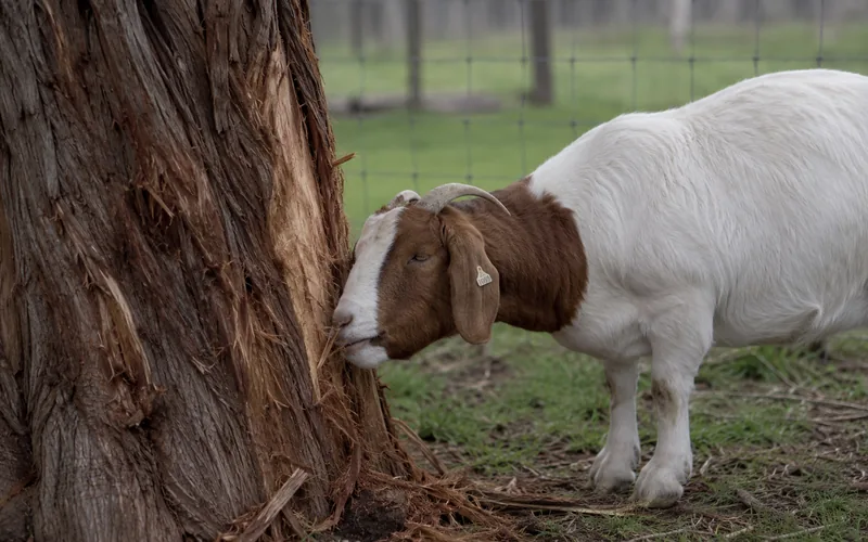 A goat stripping bark from a cedar tree trunk in a fenced pasture