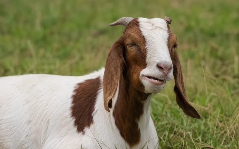 A goat chewing its cud in a green pasture, showing the rumination process