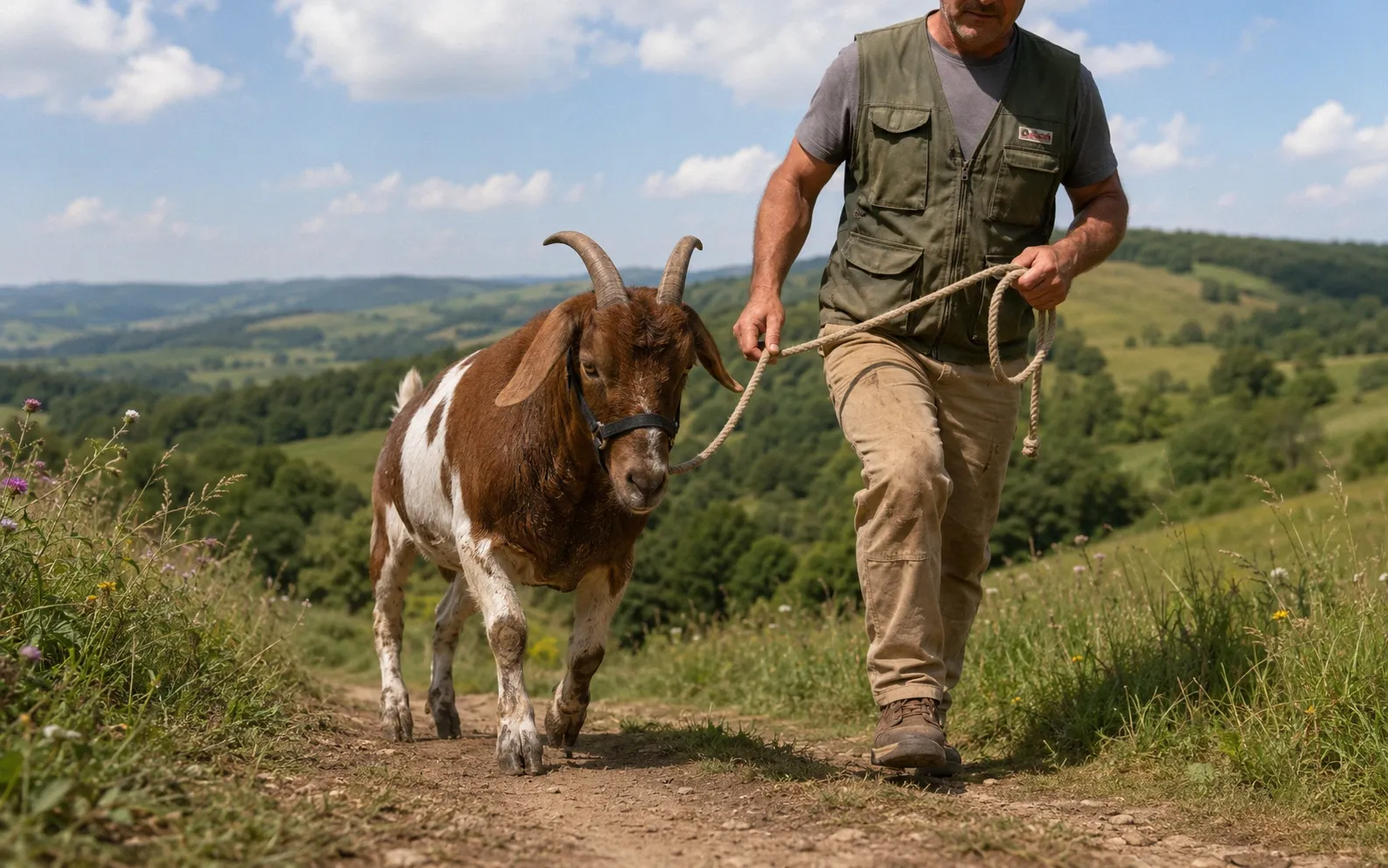 Adult goat and handler walking uphill on a gently sloping dirt trail during a structured conditioning session on a green rural property