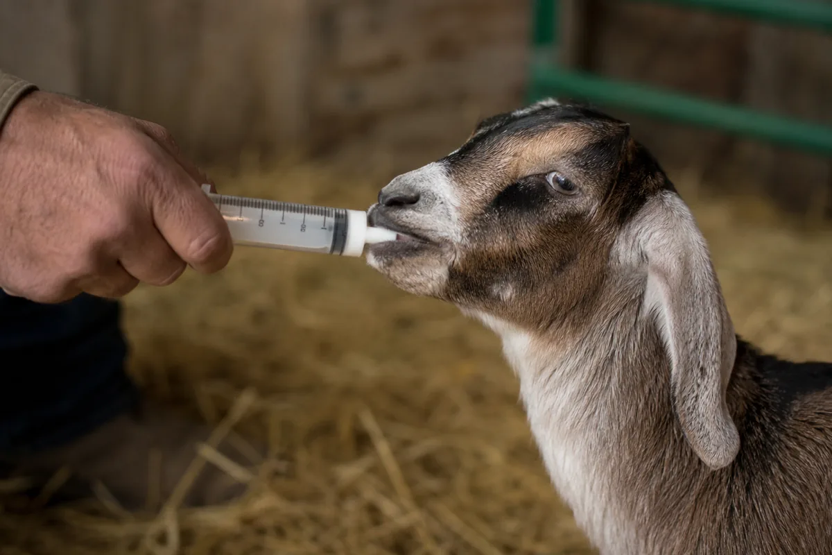 A goat owner giving a young goat oral electrolytes from a drench syringe