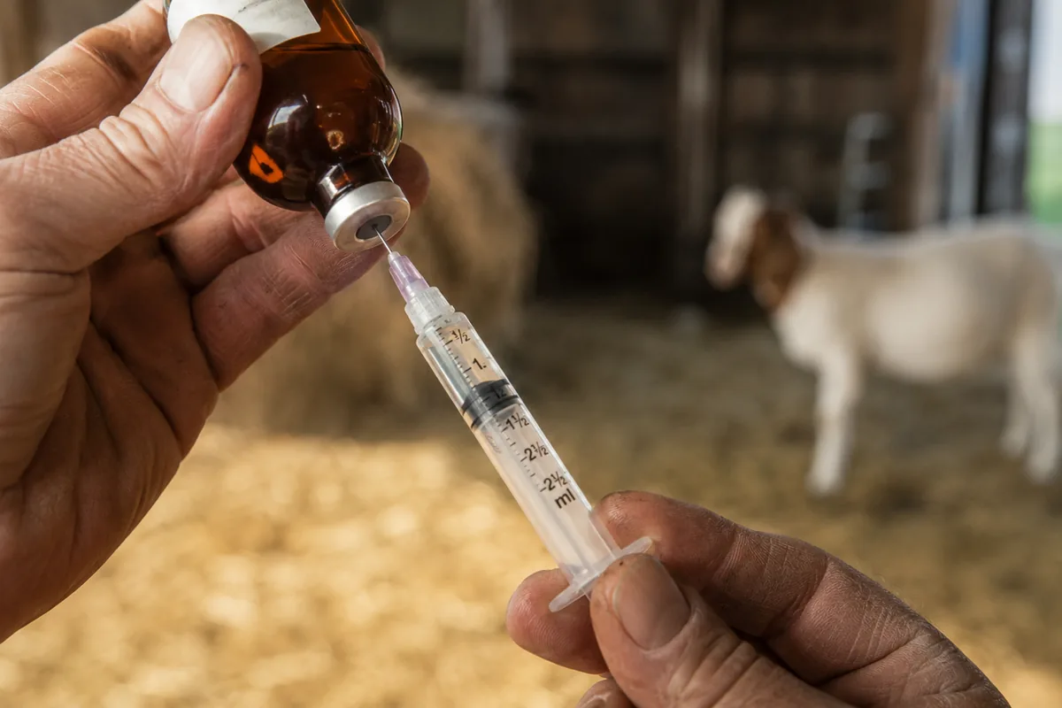 Drawing up a weight-based dose of goat medication into a luer-lock syringe