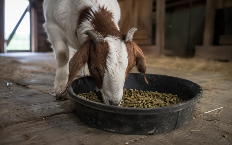 A goat eating green alfalfa pellets from a rubber feed pan inside a barn