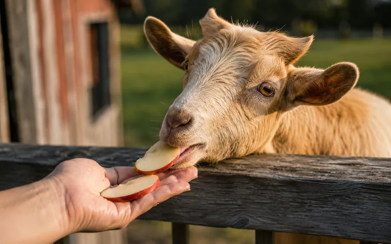 A goat eagerly eating apple slices offered by a person's hand over a farm fence