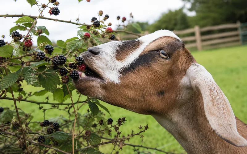 A brown and white goat eagerly eating ripe blackberries from a wild bramble bush