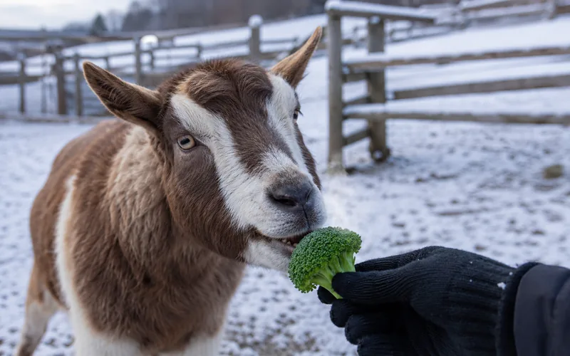A goat in a snowy winter pen eating a green broccoli floret from a person's gloved hand
