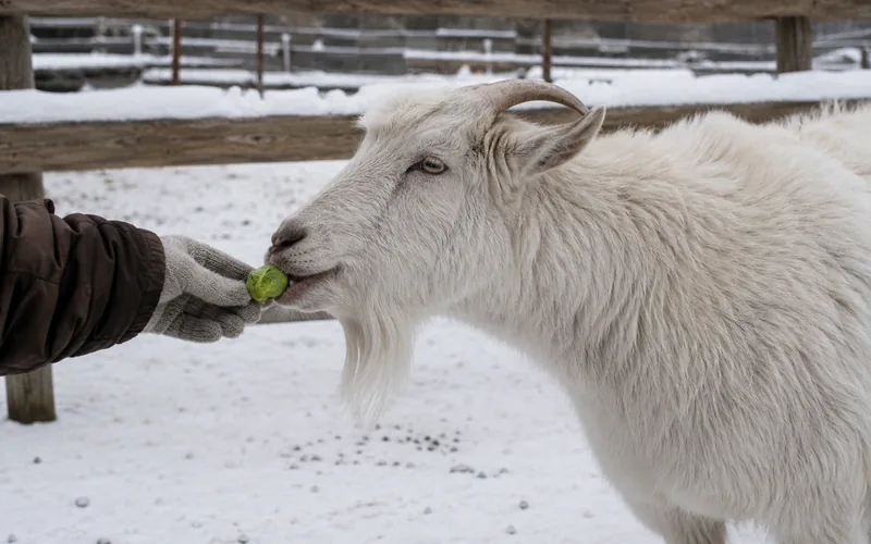 A goat in a snowy winter pen eating a green Brussels sprout from a gloved hand
