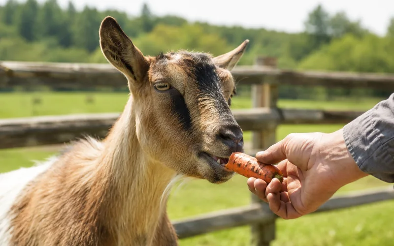 A goat eating a piece of carrot from an owner's hand in a sunny farmyard