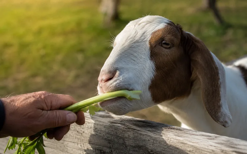 A white and brown goat eating a green celery stalk from a person's hand beside a wooden fence