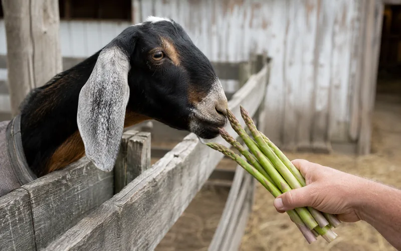 A goat sniffing a bundle of fresh green asparagus spears held out over a fence