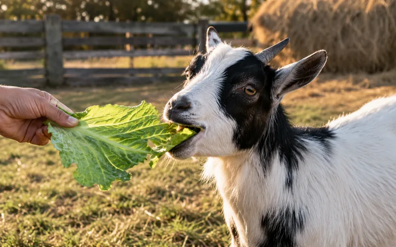 Goat eagerly eating fresh green cabbage leaves from an outstretched hand in a sunny barnyard paddock