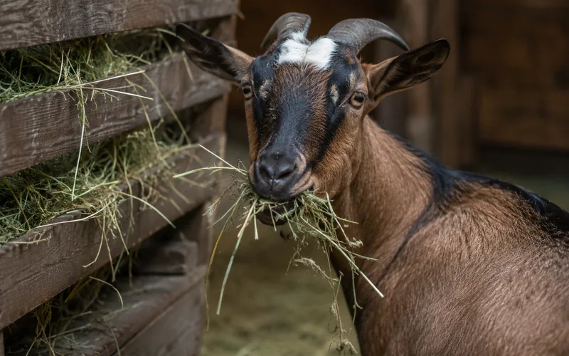A goat eating loose hay from a wooden feeder